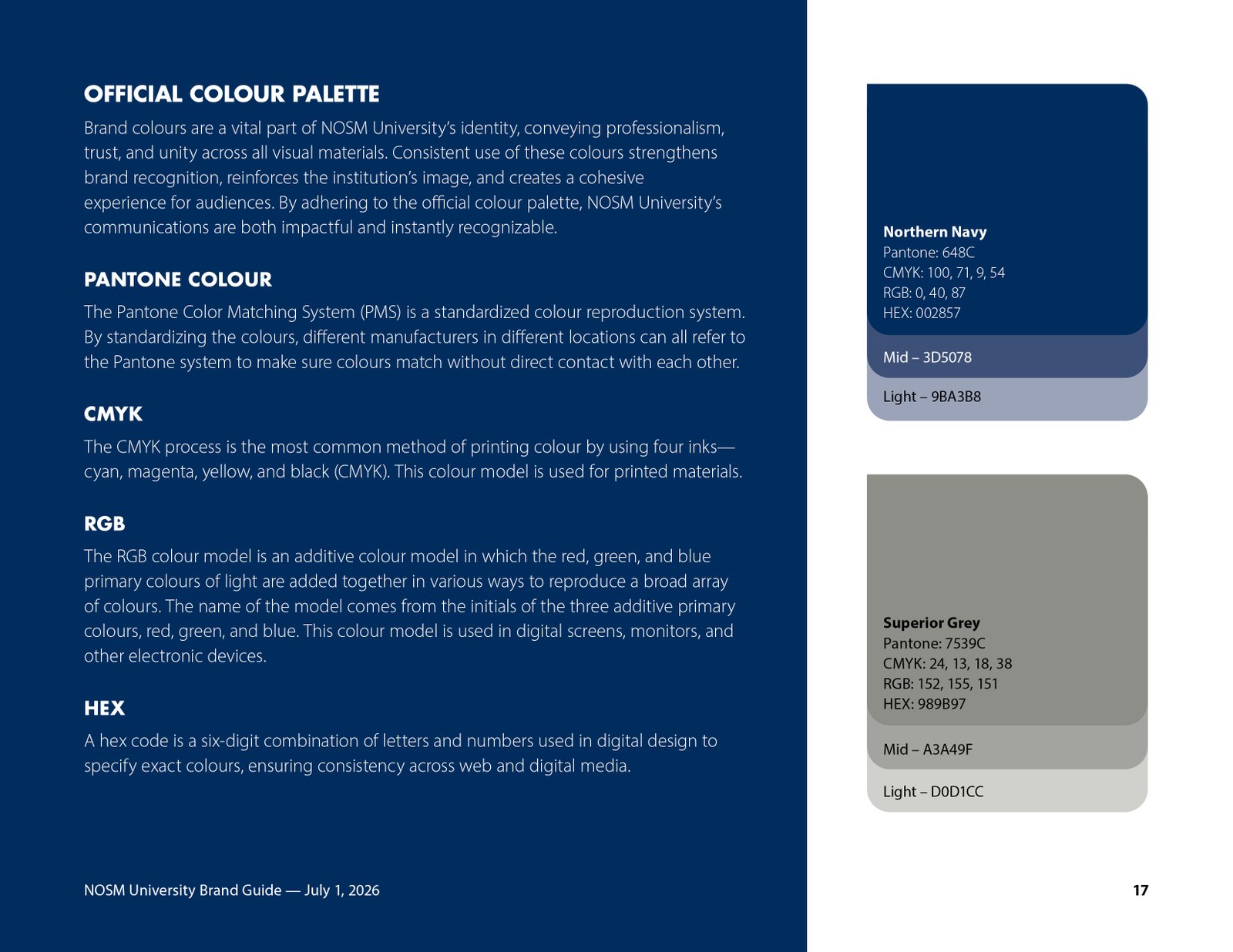 Brand guide colour palette page with Northern Navy and Superior Grey