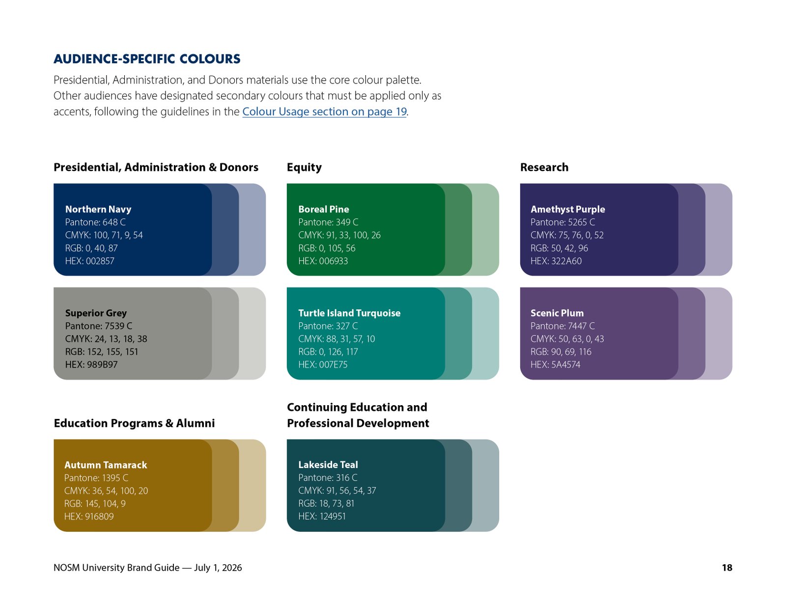 Brand guide page pairing affiliate logos with their colour systems