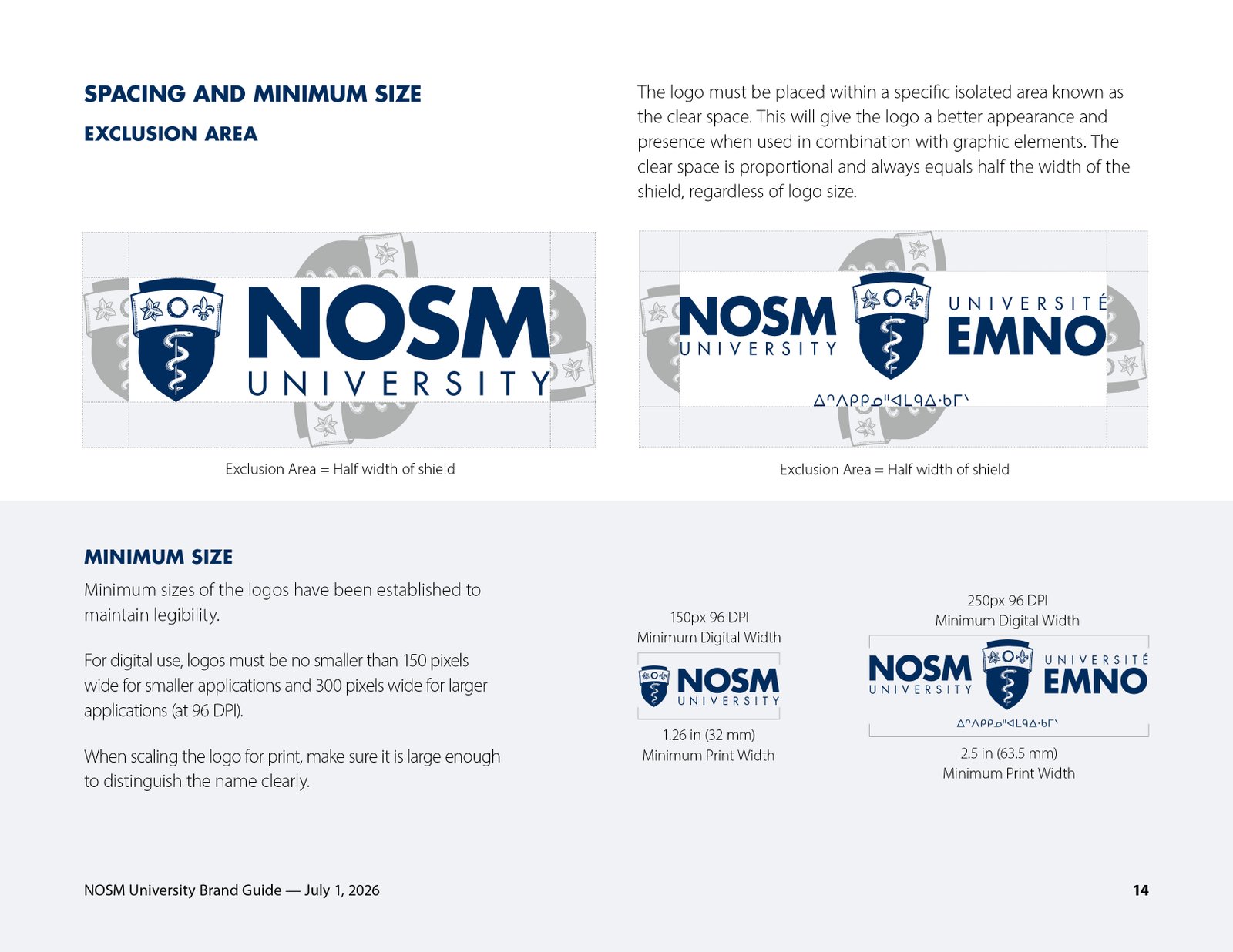 Brand guide spread showing the safe space around the NOSM logo