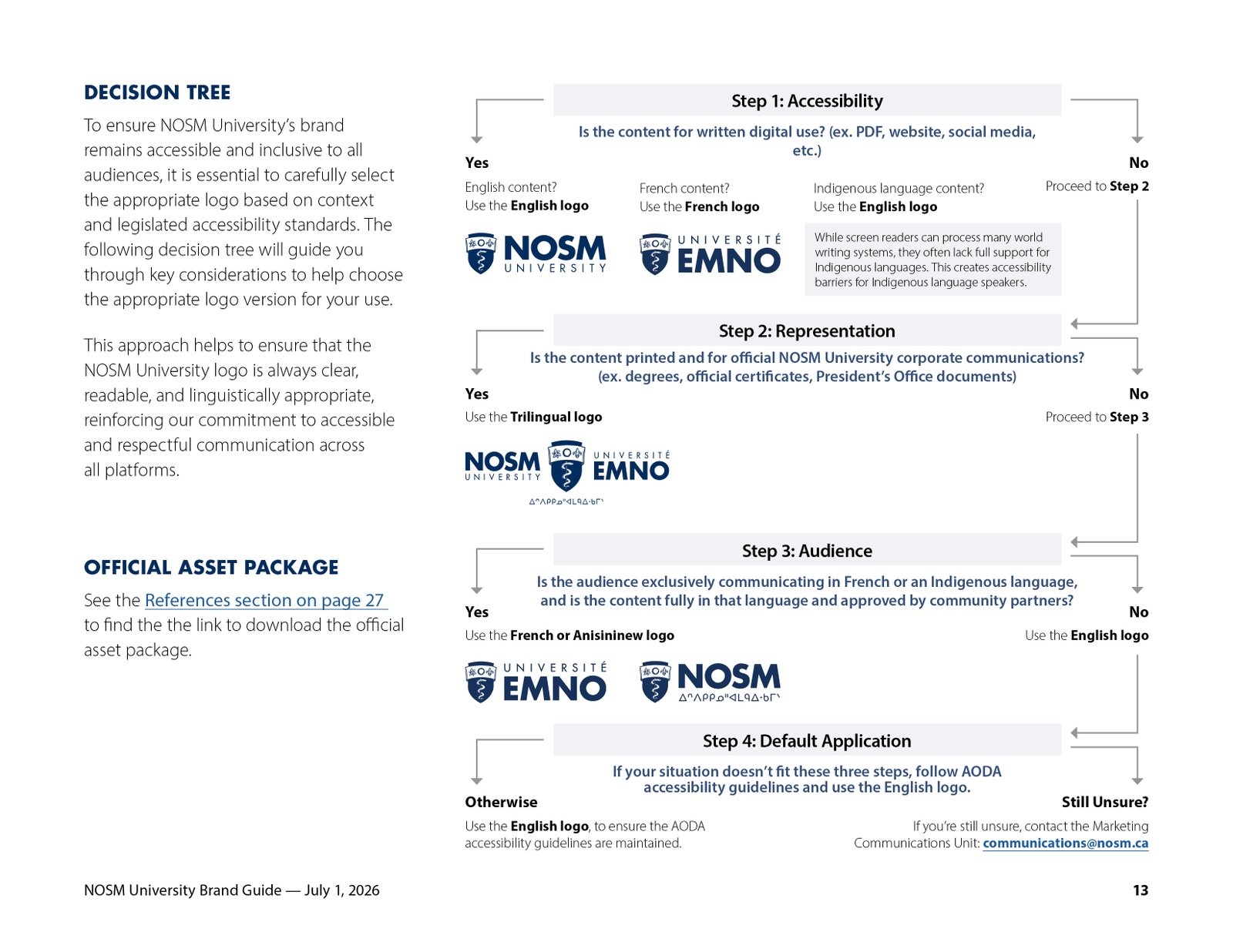 Brand guide page showing the English, French, Anisininew, and trilingual logo variants