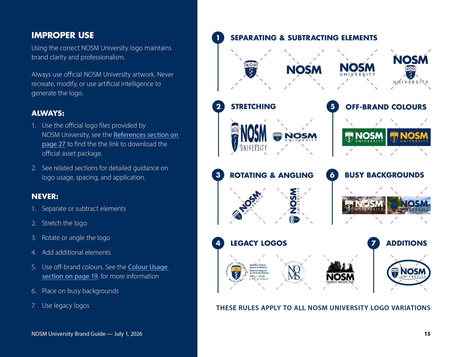 Brand guide spread showing improper logo use: stretching, rotating, off-brand colours, busy backgrounds