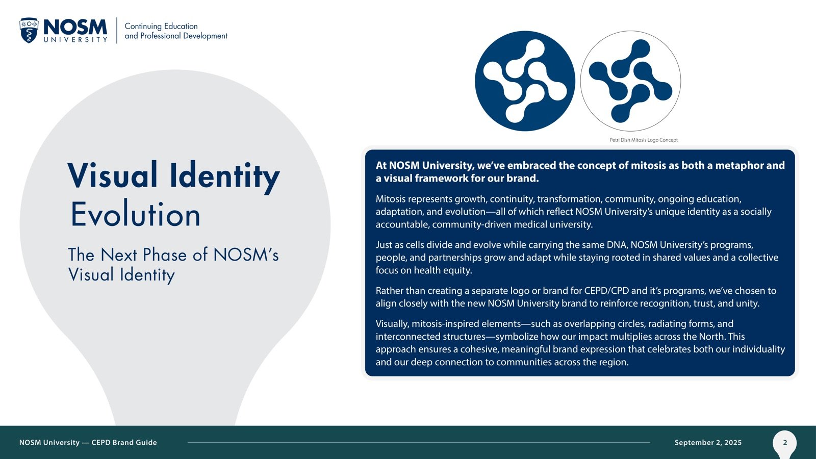 Brand guide slide explaining the mitosis metaphor, with the petri-dish logo concepts